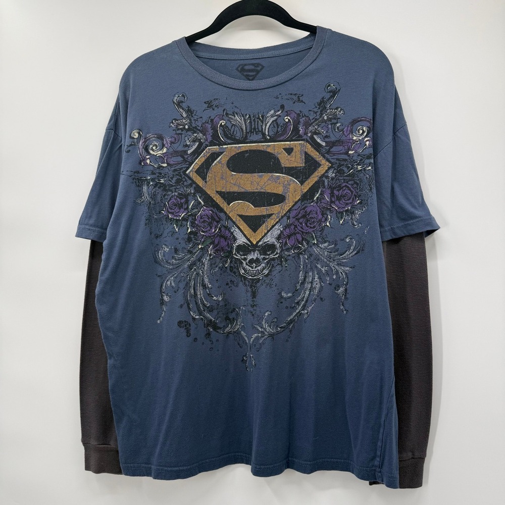 Superman Mens XL Double Layer Long Sleeve Shirt Blue Y2K Skull Rose Graphic